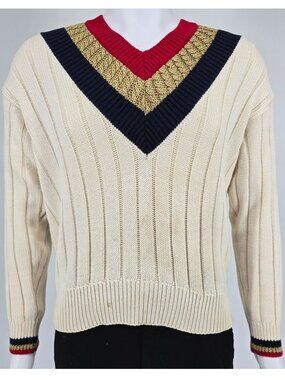 Vintage 1990s First Issue Women's Cable Knit V-Neck Tennis/Cricket Sweater (M)